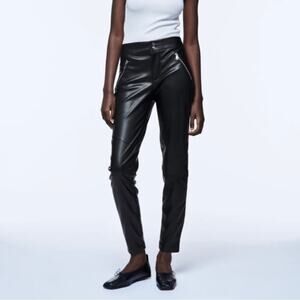 Zara The Biker Black Faux Leather Vegan Moto Zipper Ankle Crop Pants womens 2